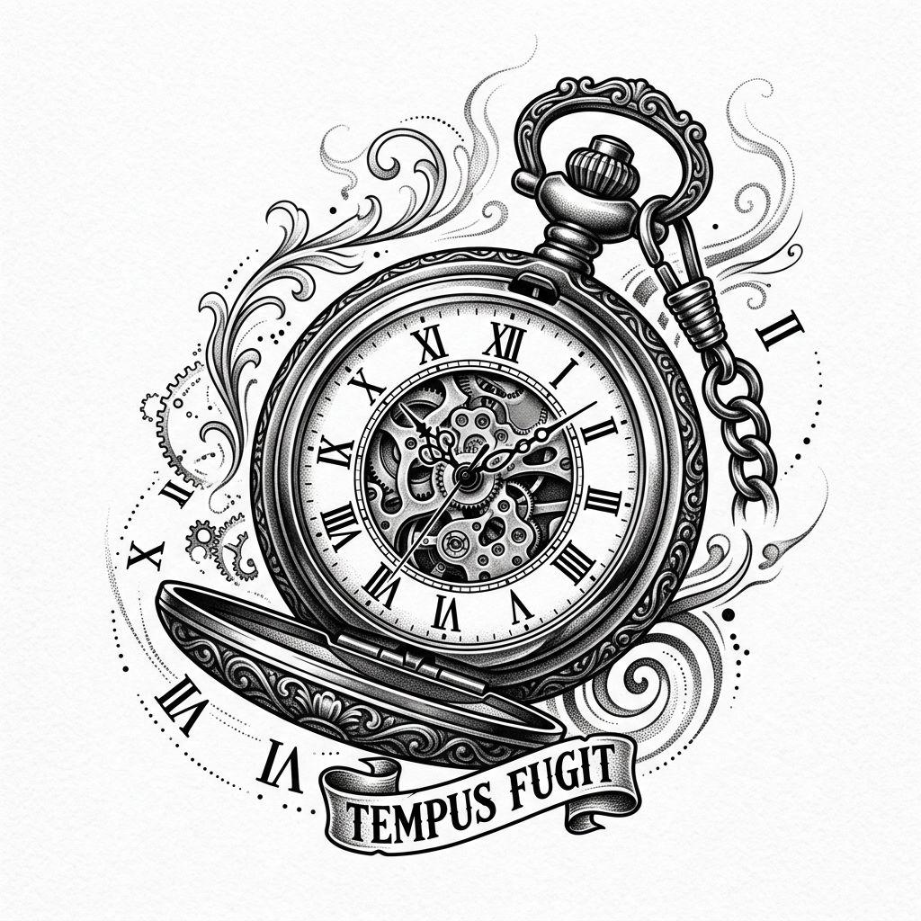 idée tatouage mollet homme horloge réaliste, design sur fond blanc