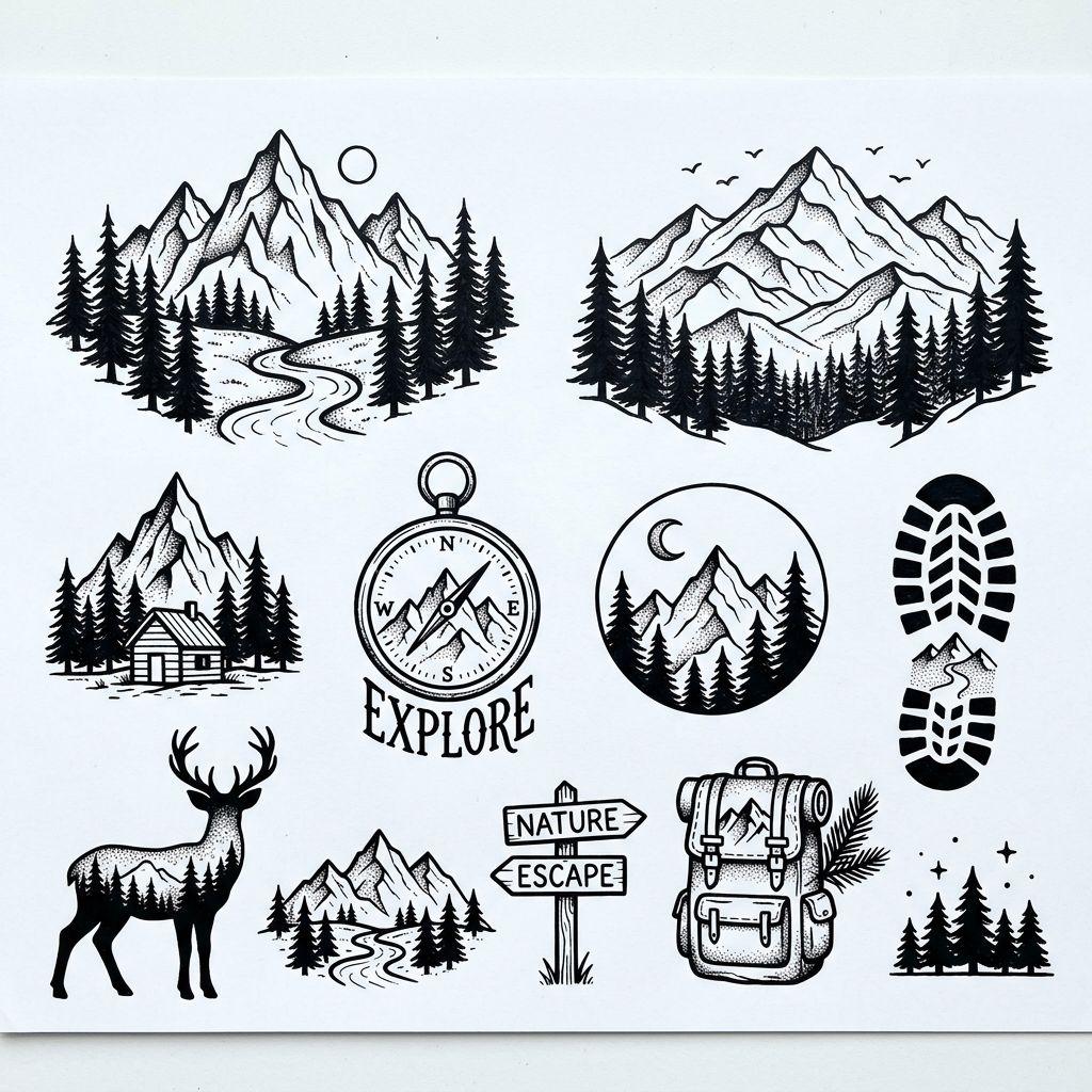 idée tatouage mollet homme montagne et forêt, design sur fond blanc