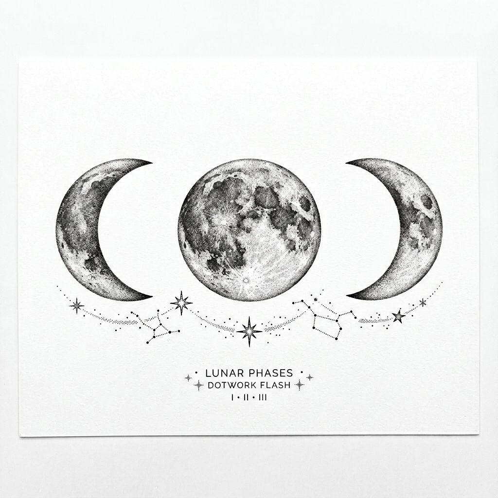 idée tatouage nuque phases de lune dotwork, design sur fond blanc