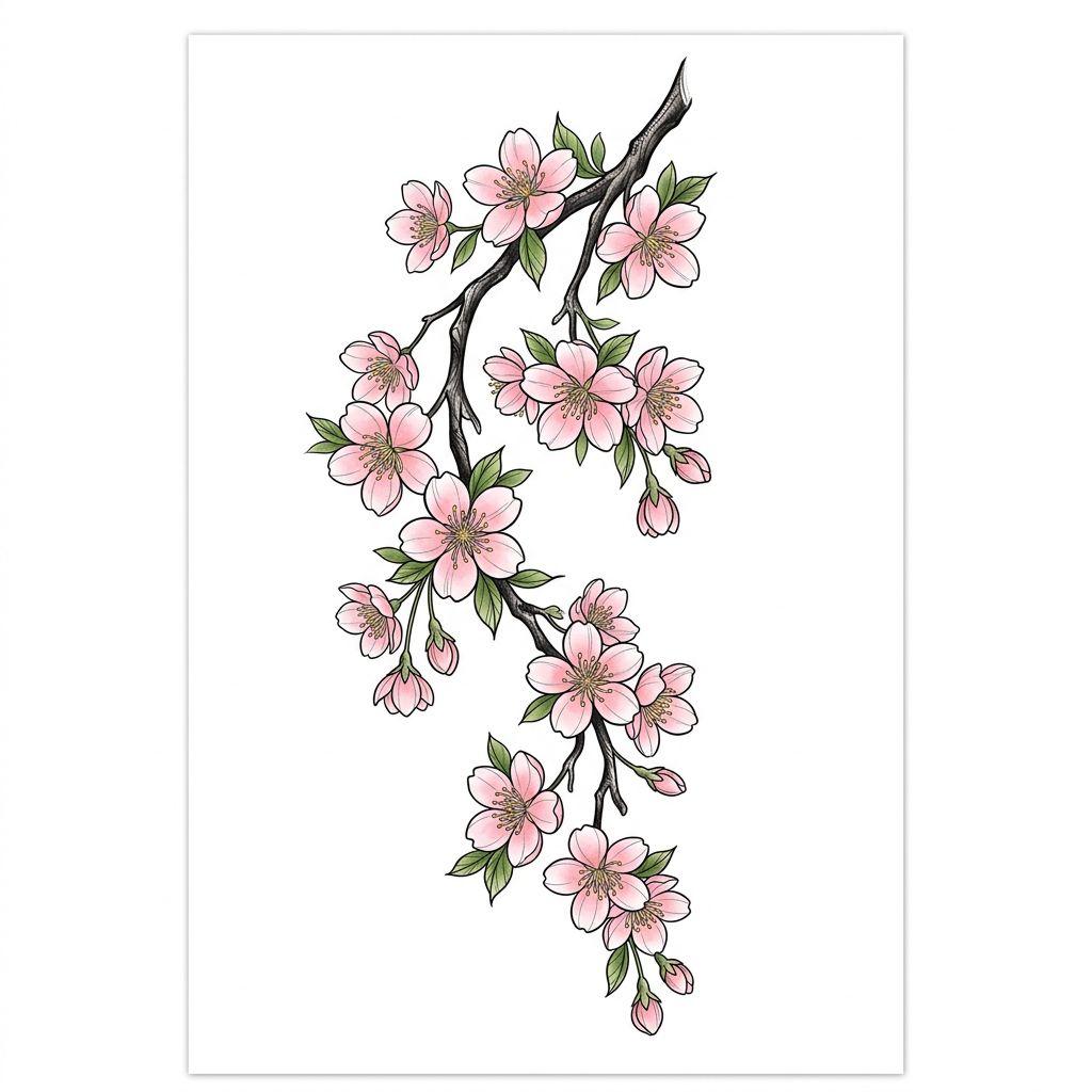 idée tatouage nuque fleur de cerisier japonaise, design sur fond blanc
