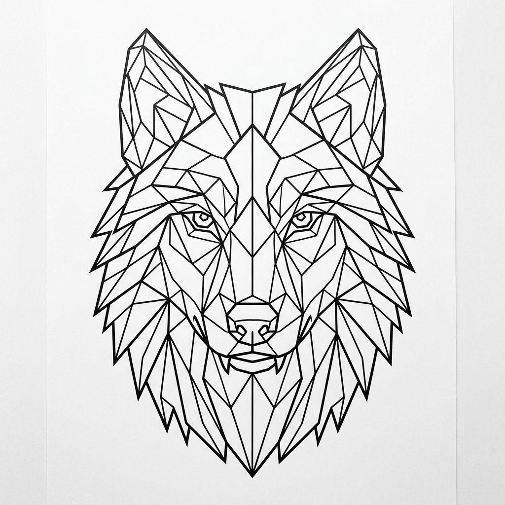 idée tatouage nuque tête de loup géométrique, design sur fond blanc