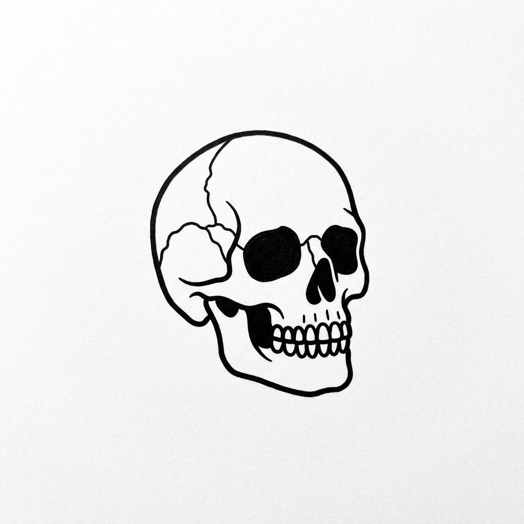 idée tatouage nuque crâne minimaliste, design sur fond blanc