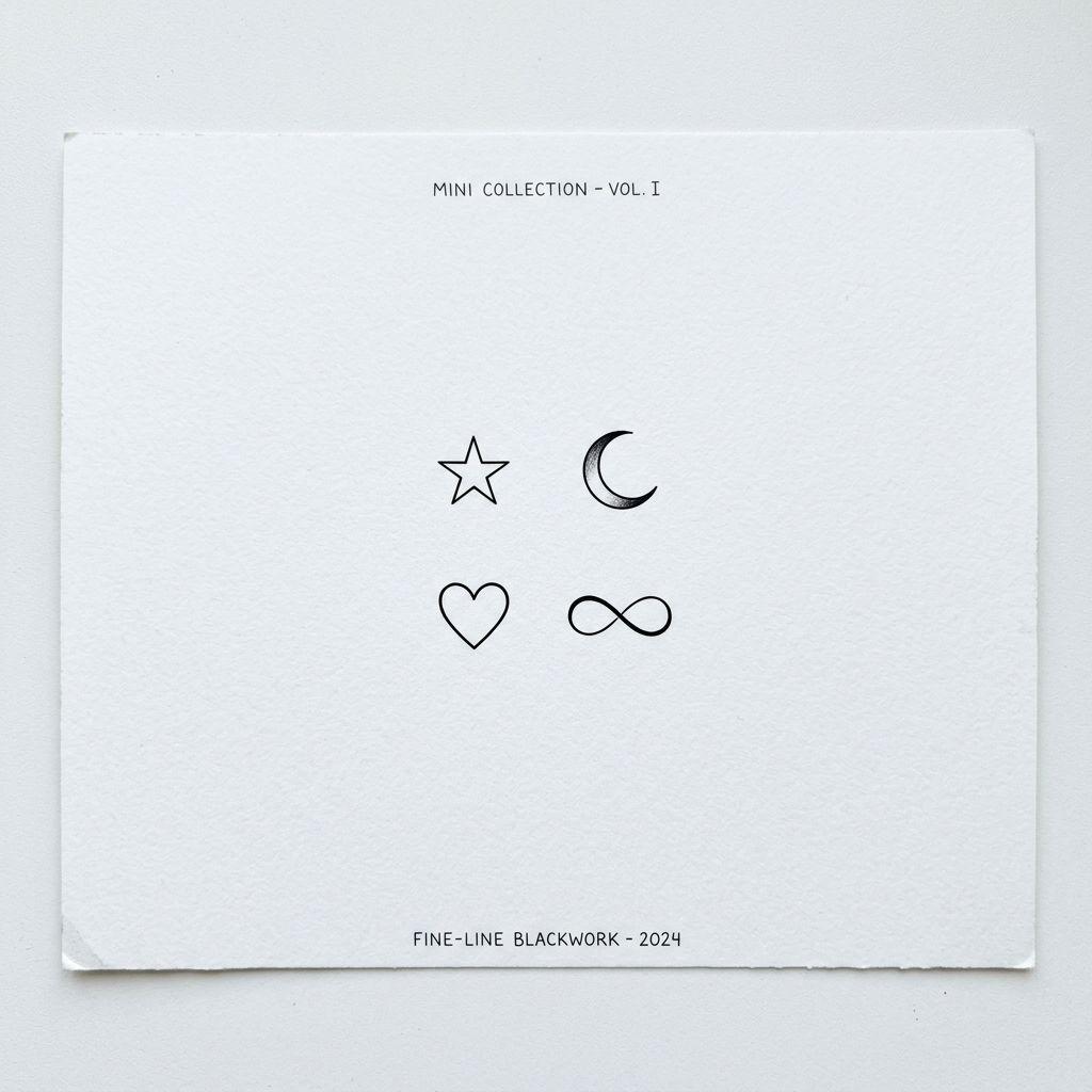 idée tatouage nuque patchwork micro-symboles, design sur fond blanc