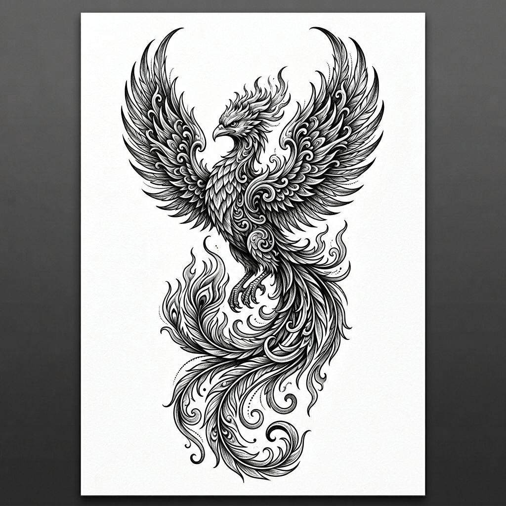 idée tatouage nuque phénix illustratif premium, design sur fond blanc
