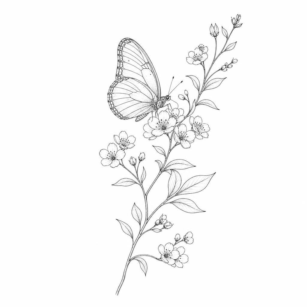 idée tatouage papillon papillon fine line botanique, design sur fond blanc