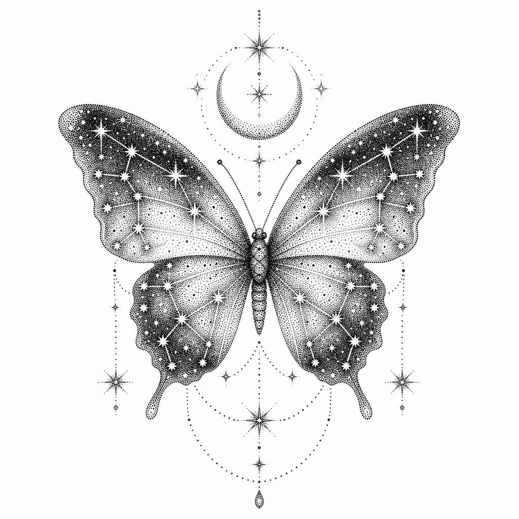 idée tatouage papillon papillon dotwork ailes étoilées, design sur fond blanc