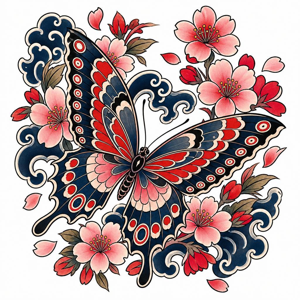 idée tatouage papillon papillon japonais cerisier, design sur fond blanc