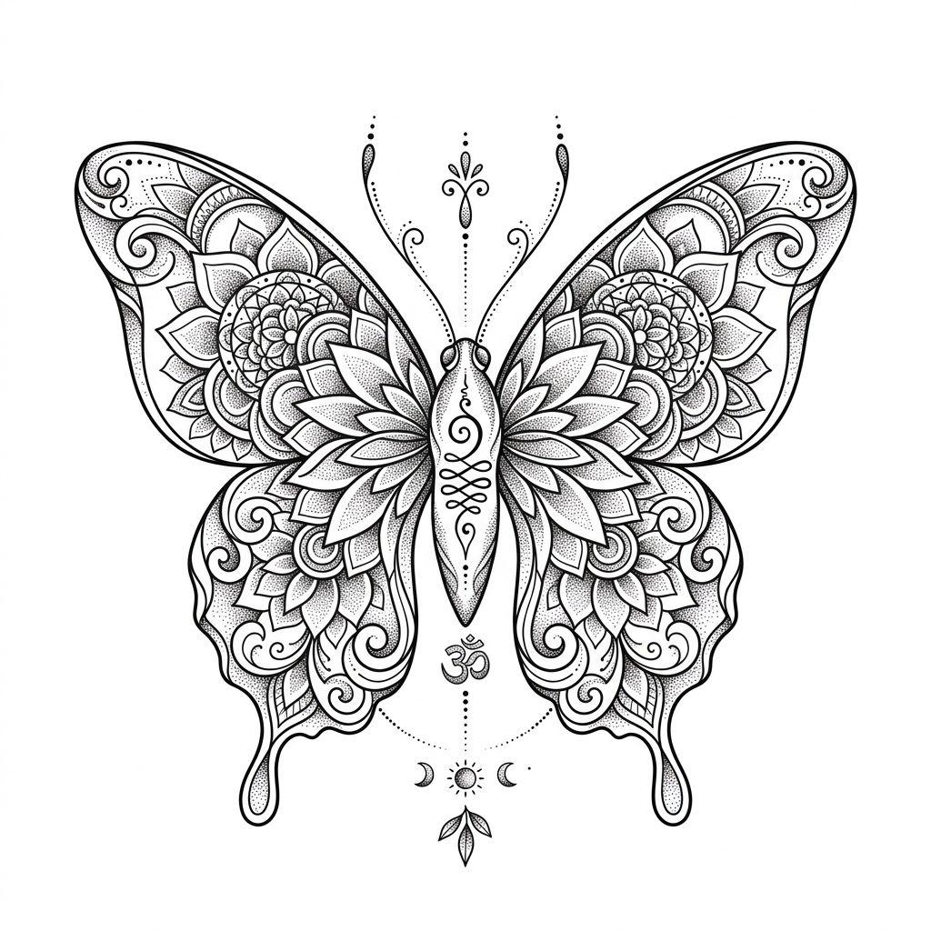 idée tatouage papillon papillon spirituel mandala, design sur fond blanc
