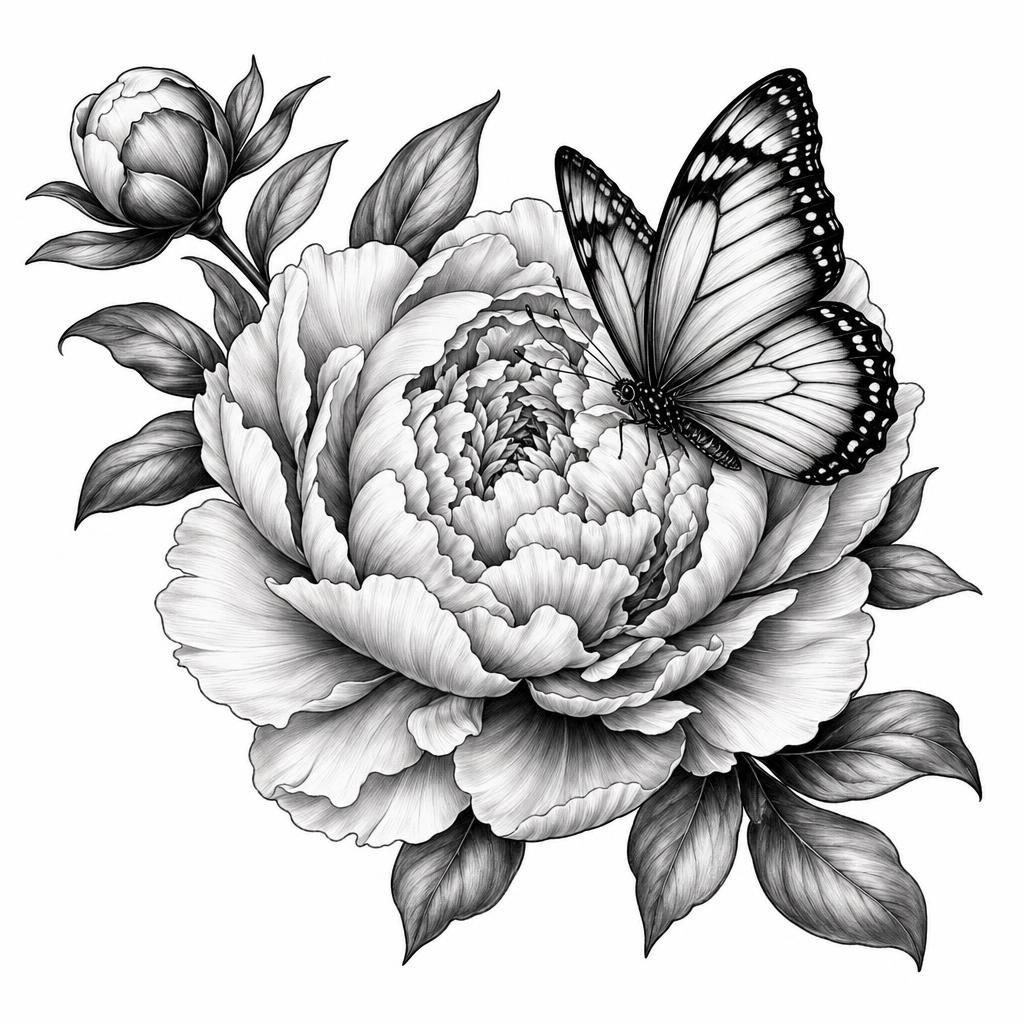 idée tatouage papillon papillon floral pivoine, design sur fond blanc
