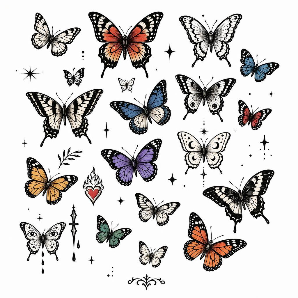 idée tatouage papillon patchwork papillons multiples, design sur fond blanc