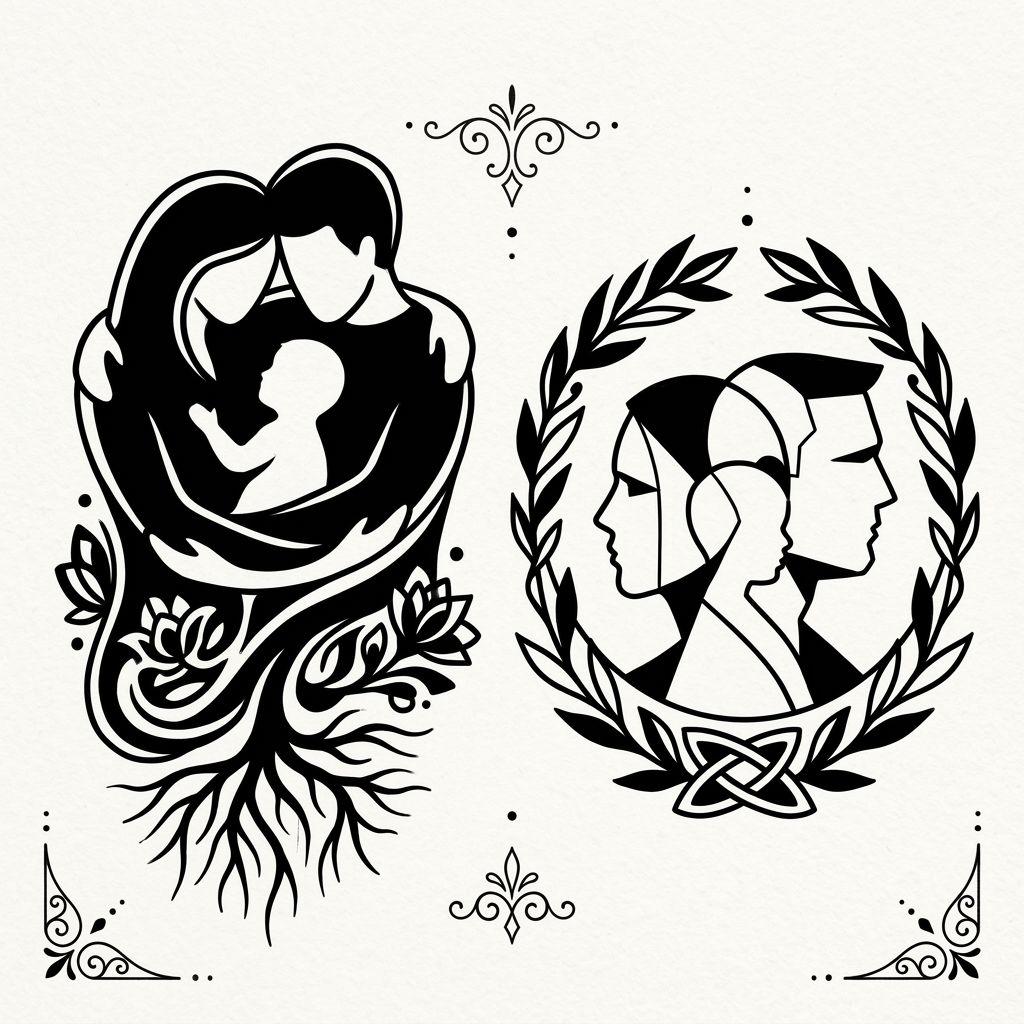 idée tatouage parents silhouettes blackwork, design sur fond blanc