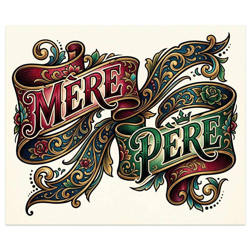 idée tatouage parents banderole néo-traditionnelle, design sur fond blanc