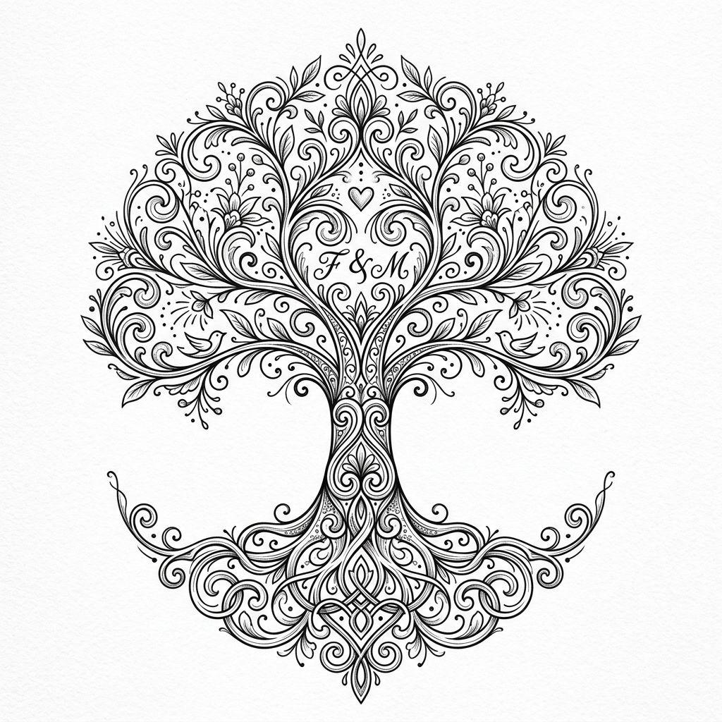 idée tatouage parents arbre familial ornemental, design sur fond blanc
