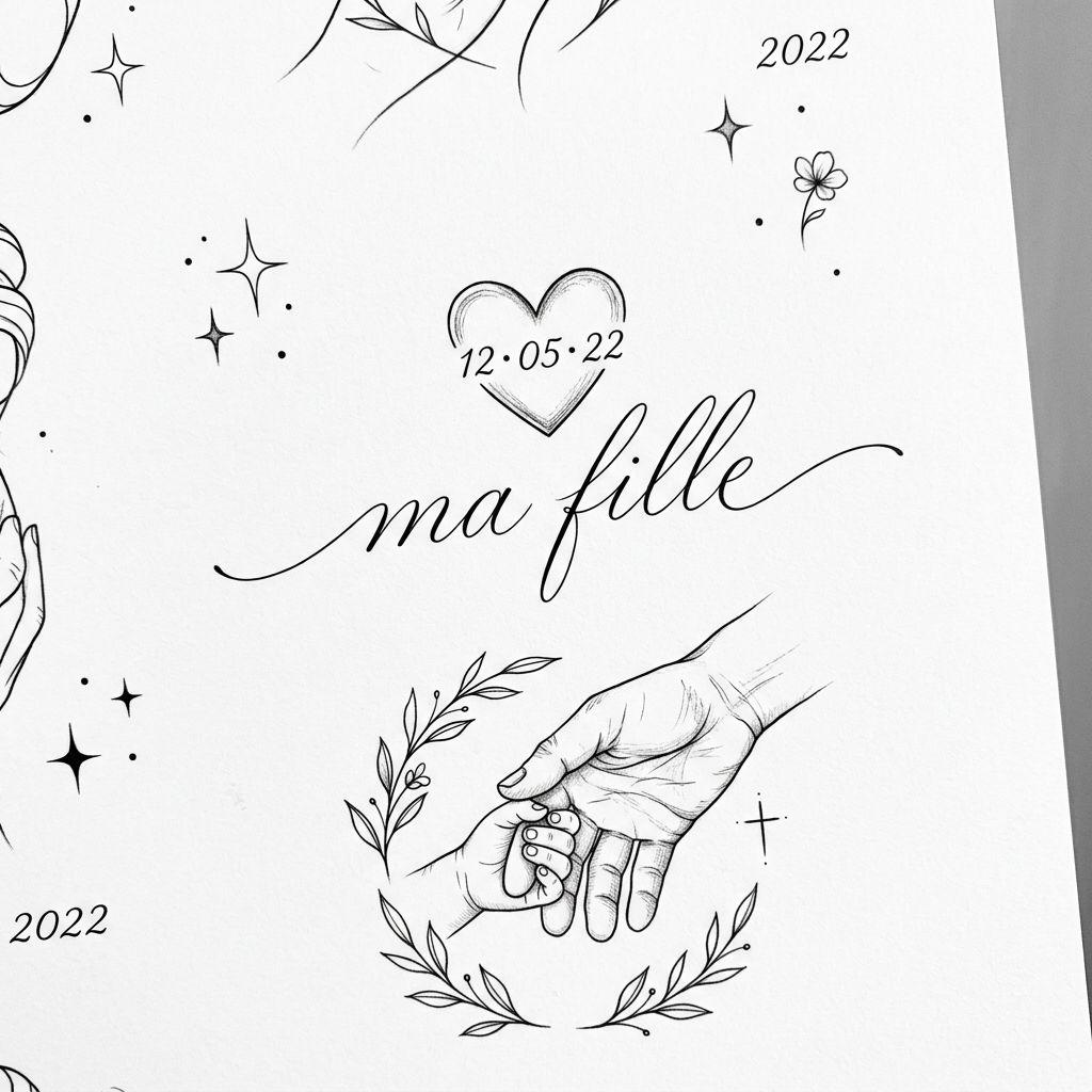 idée tatouage père et fille date naissance fine line, design sur fond blanc
