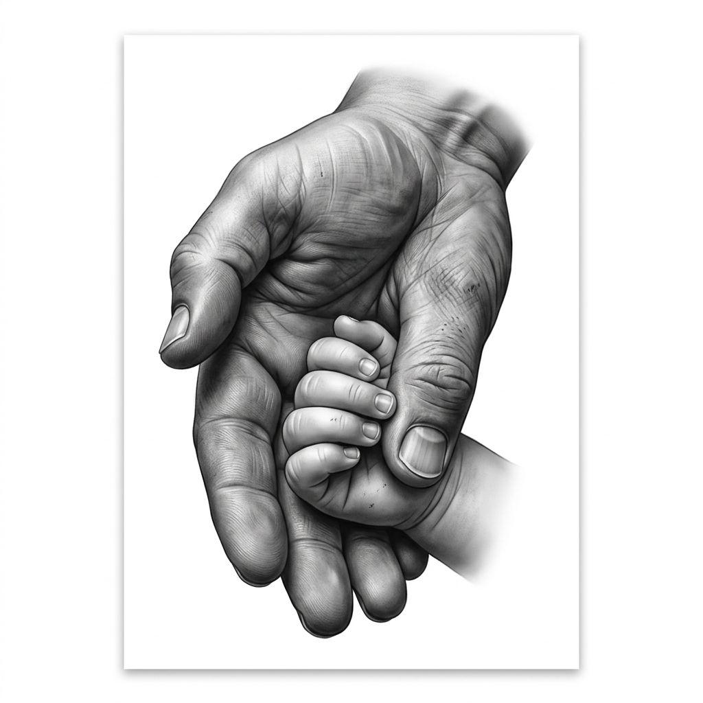 idée tatouage père et fille mains réalistes père enfant, design sur fond blanc
