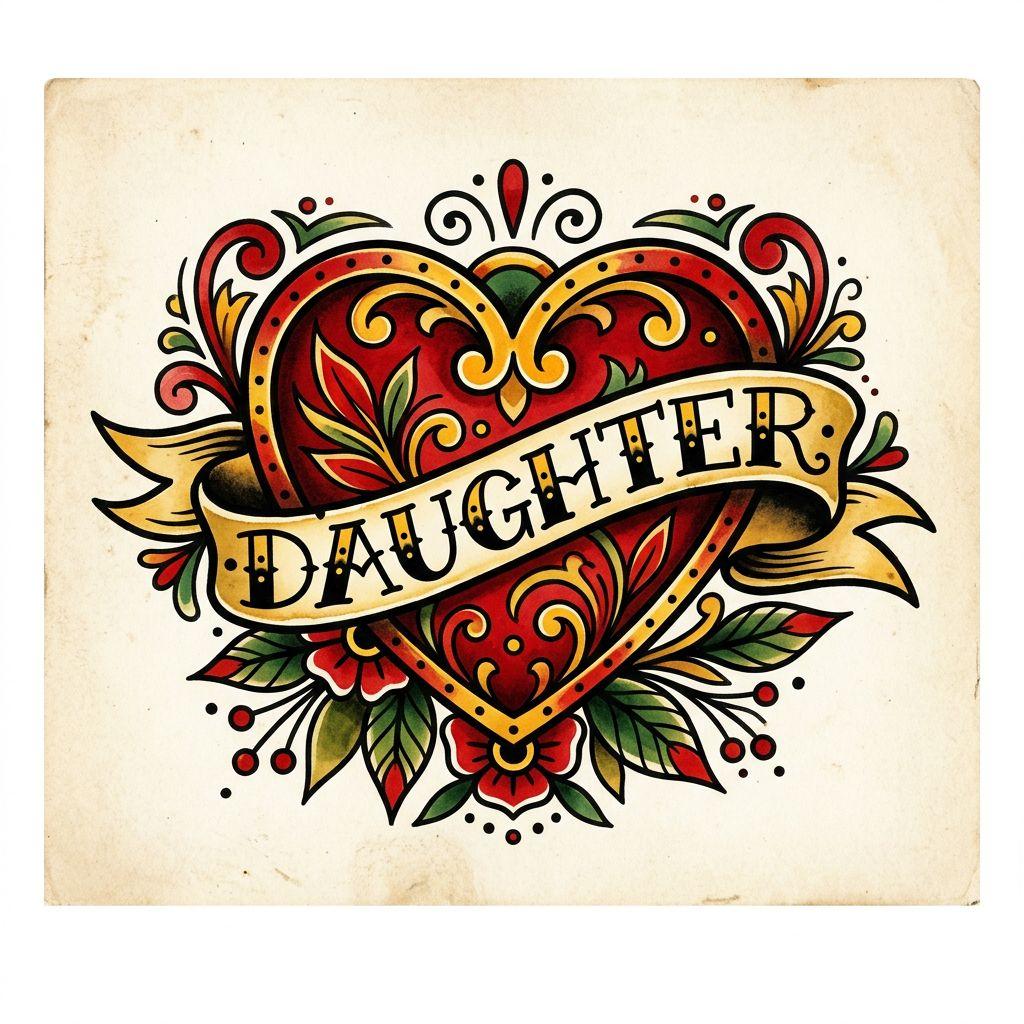 idée tatouage père et fille cœur old school 'daughter', design sur fond blanc