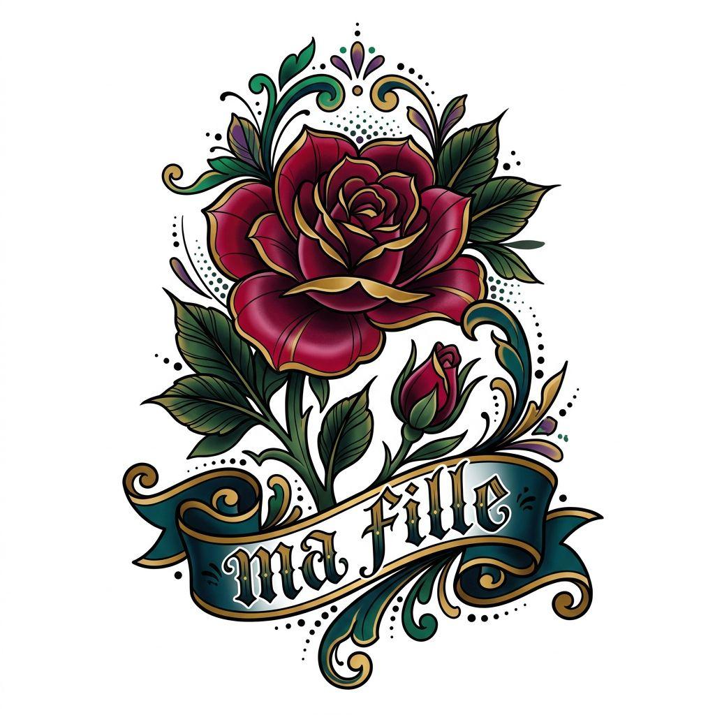 idée tatouage père et fille fleurs néo-traditionnelles, design sur fond blanc