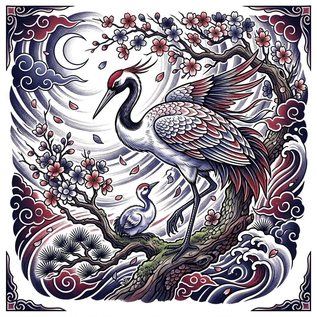 idée tatouage père et fille grue japonaise père enfant, design sur fond blanc