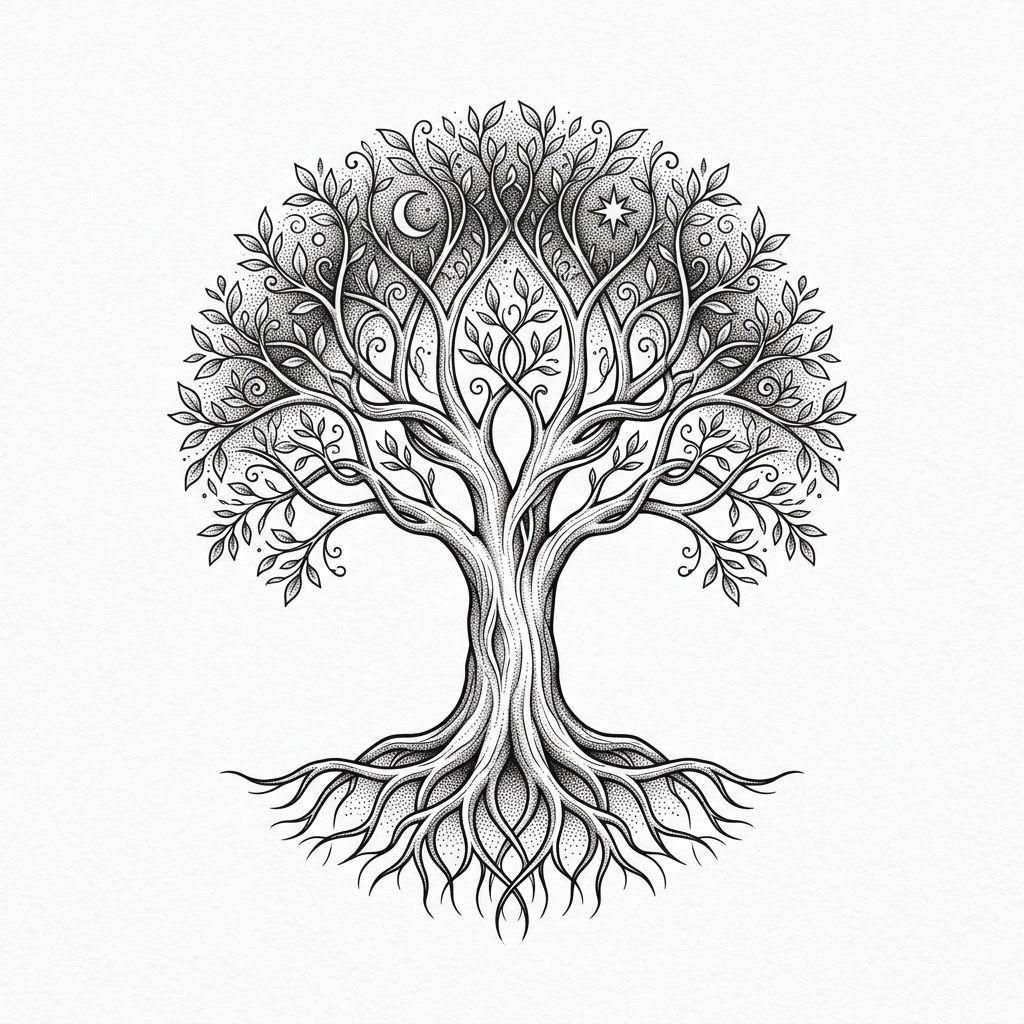 idée tatouage père et fille arbre de vie spirituel, design sur fond blanc