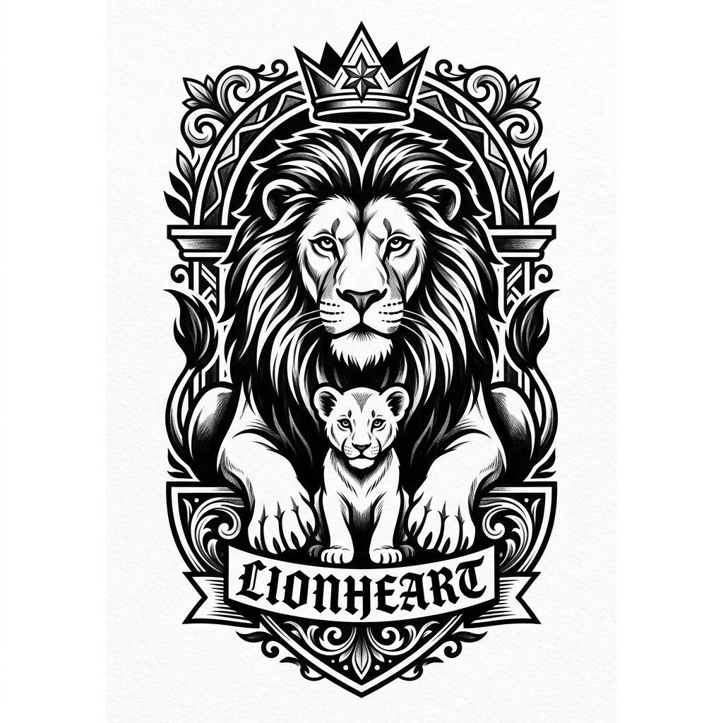 idée tatouage père et fille lion et lionceau, design sur fond blanc