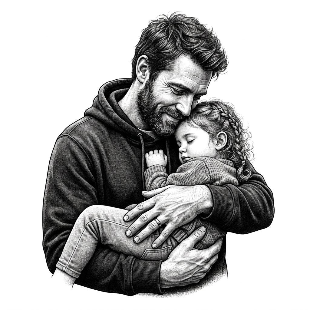 idée tatouage père et fille père portant sa fille, design sur fond blanc