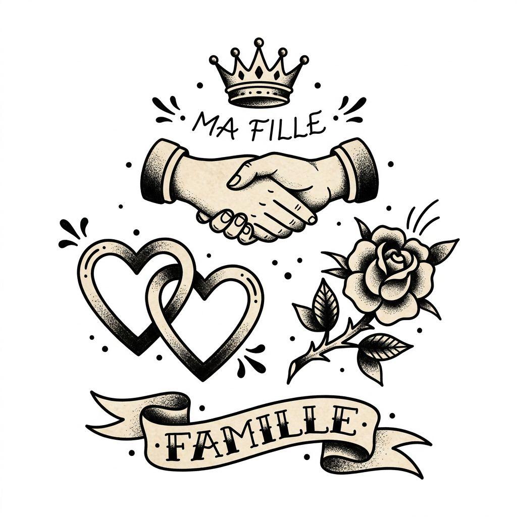 idée tatouage père et fille patchwork famille flash, design sur fond blanc