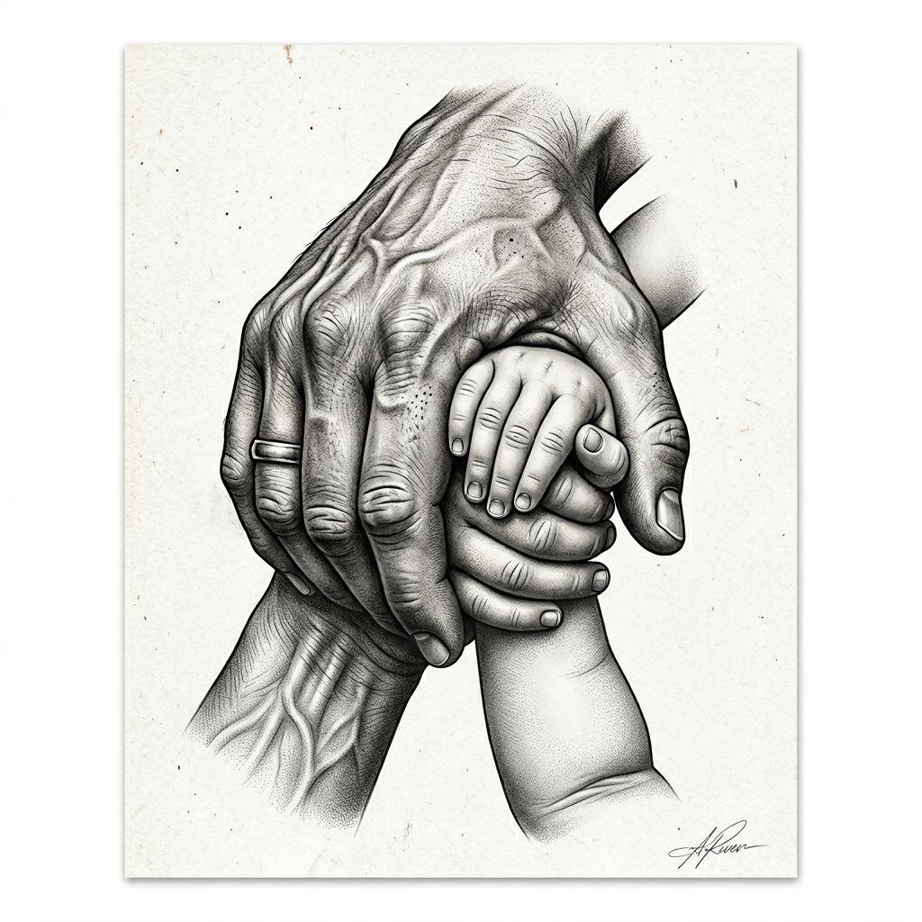 idée tatouage père et fils mains réalistes père-enfant, design sur fond blanc