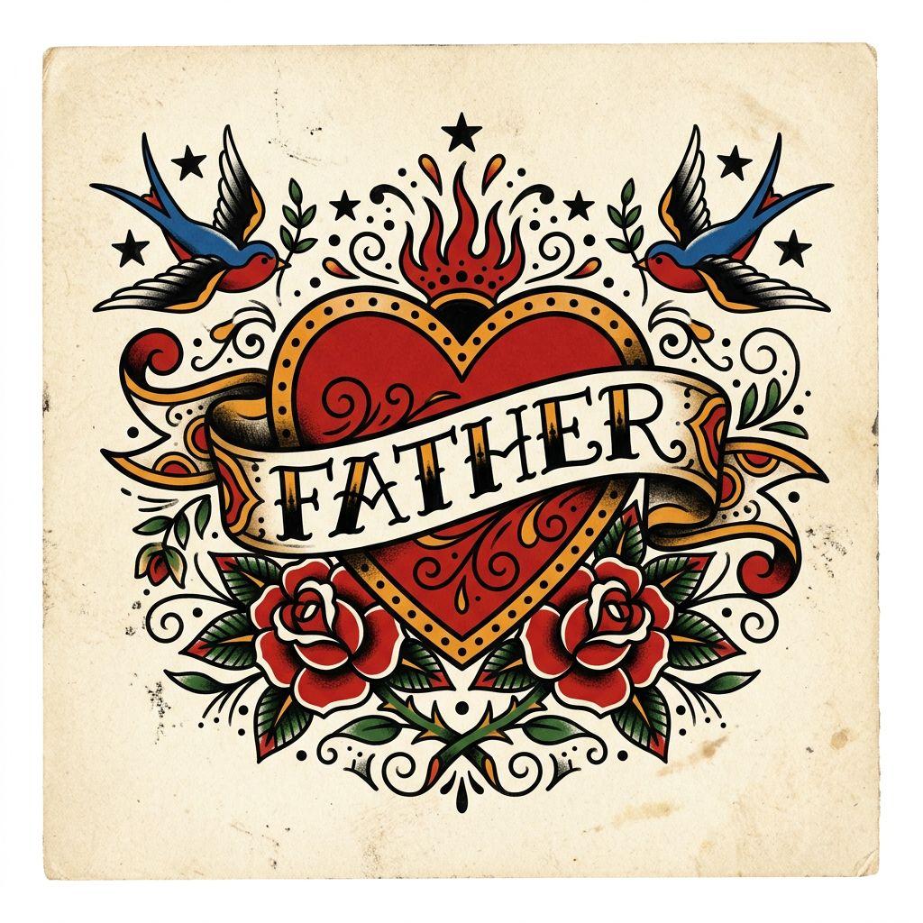 idée tatouage père et fils cœur old school 'father', design sur fond blanc