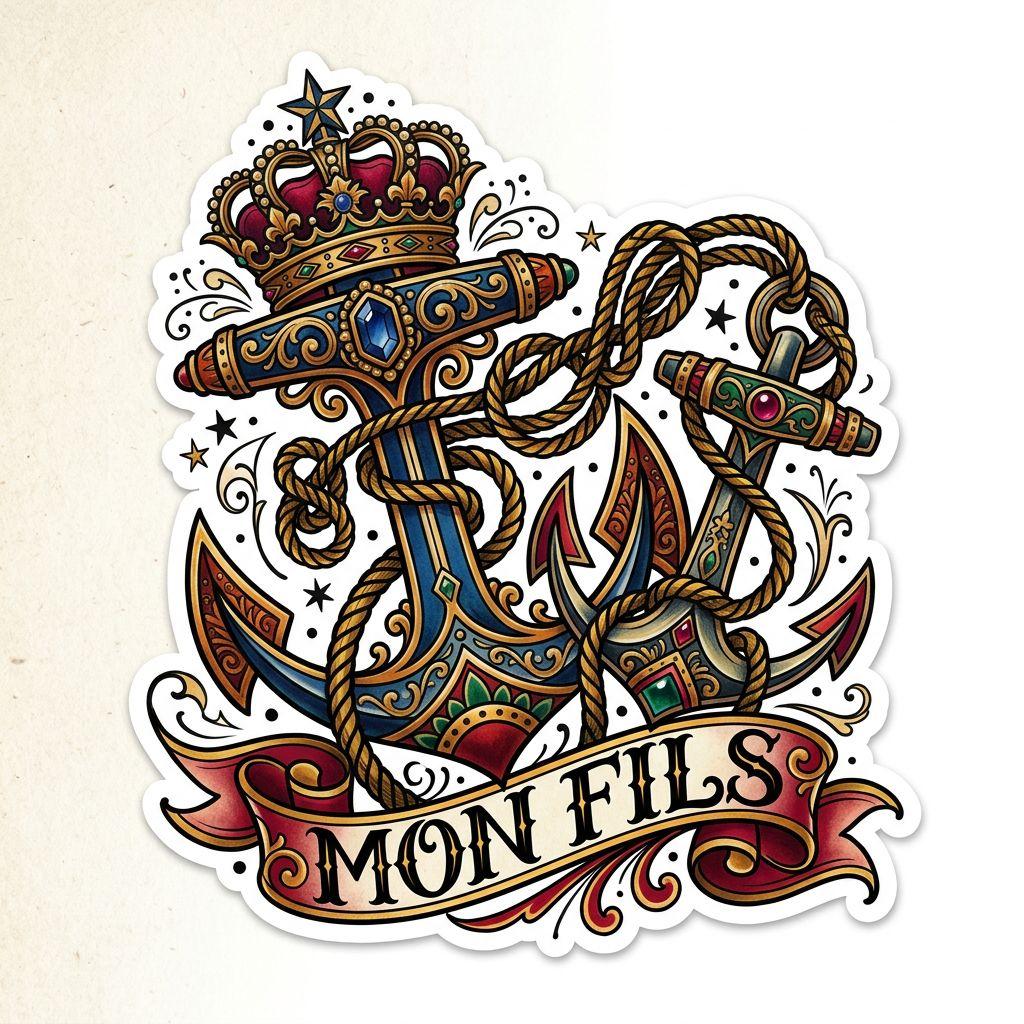 idée tatouage père et fils ancres 'mon fils' néo-traditionnel, design sur fond blanc