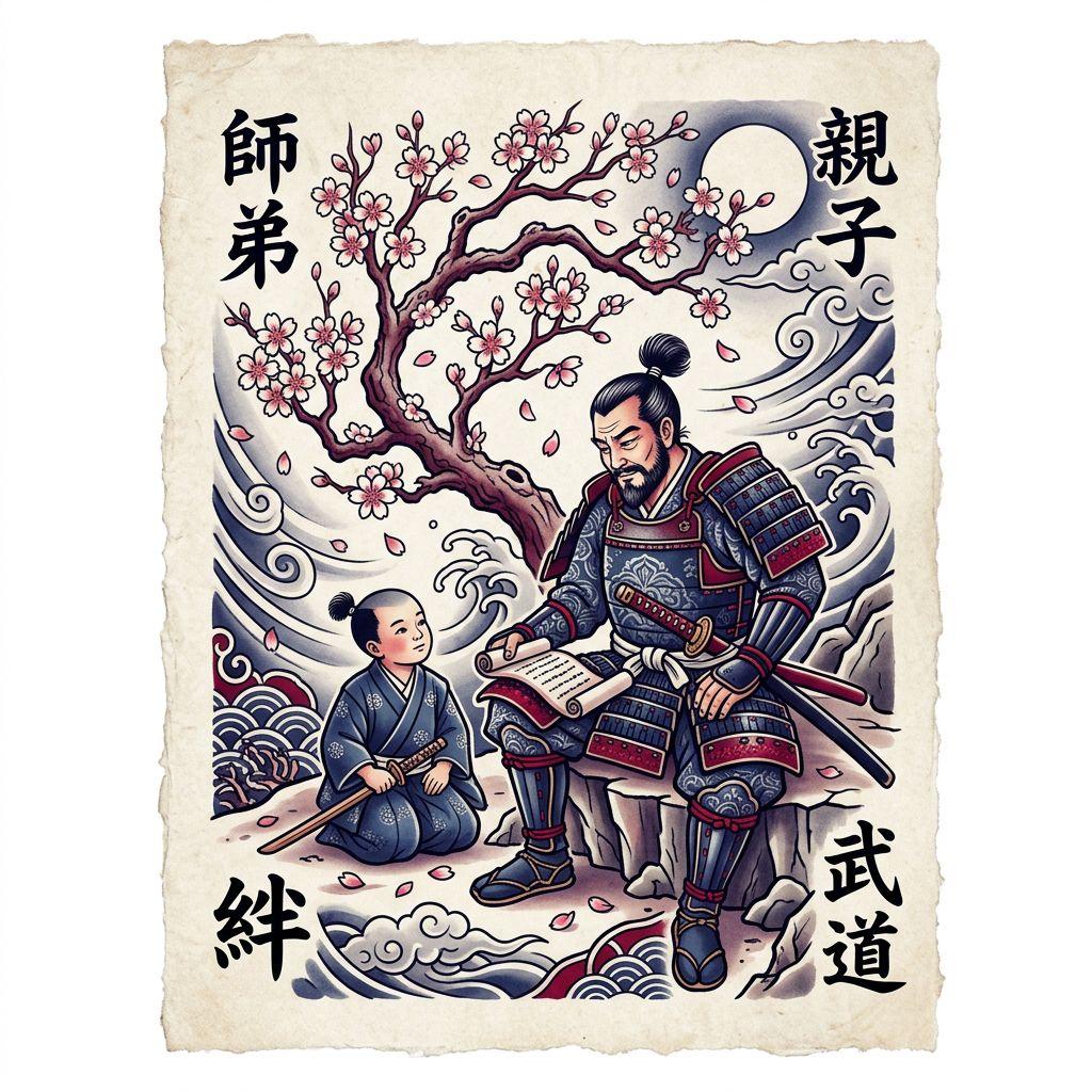 idée tatouage père et fils samouraïs japonais, design sur fond blanc