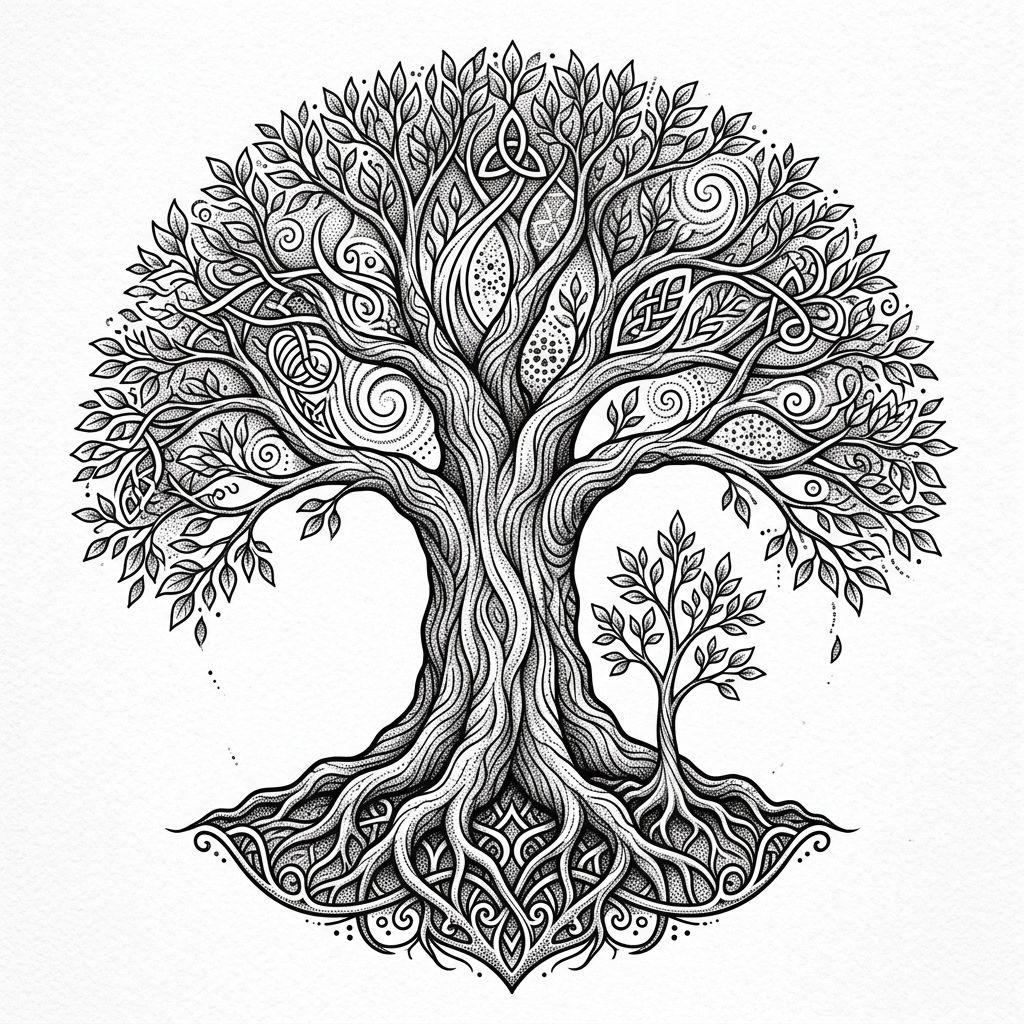 idée tatouage père et fils arbre de vie spirituel, design sur fond blanc
