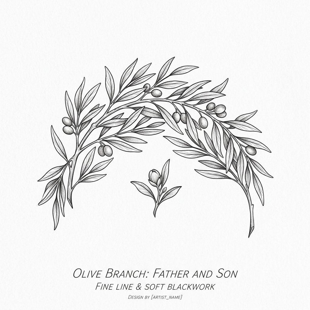 idée tatouage père et fils branche olivier père-fils, design sur fond blanc