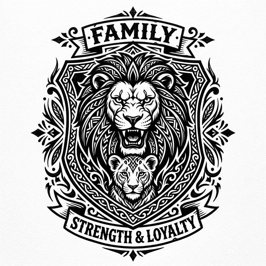 idée tatouage père et fils lion et lionceau blackwork, design sur fond blanc