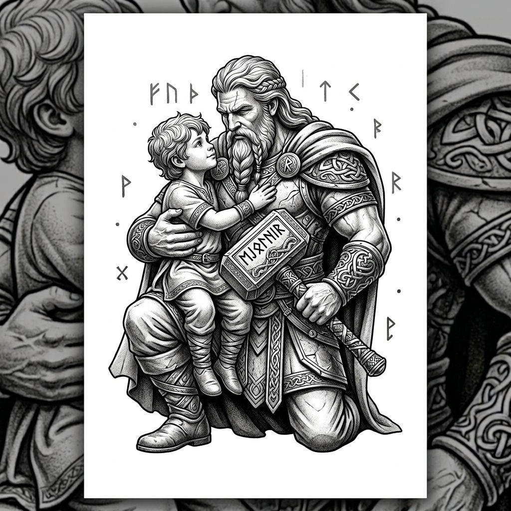idée tatouage père et fils thor et son fils mythologique, design sur fond blanc