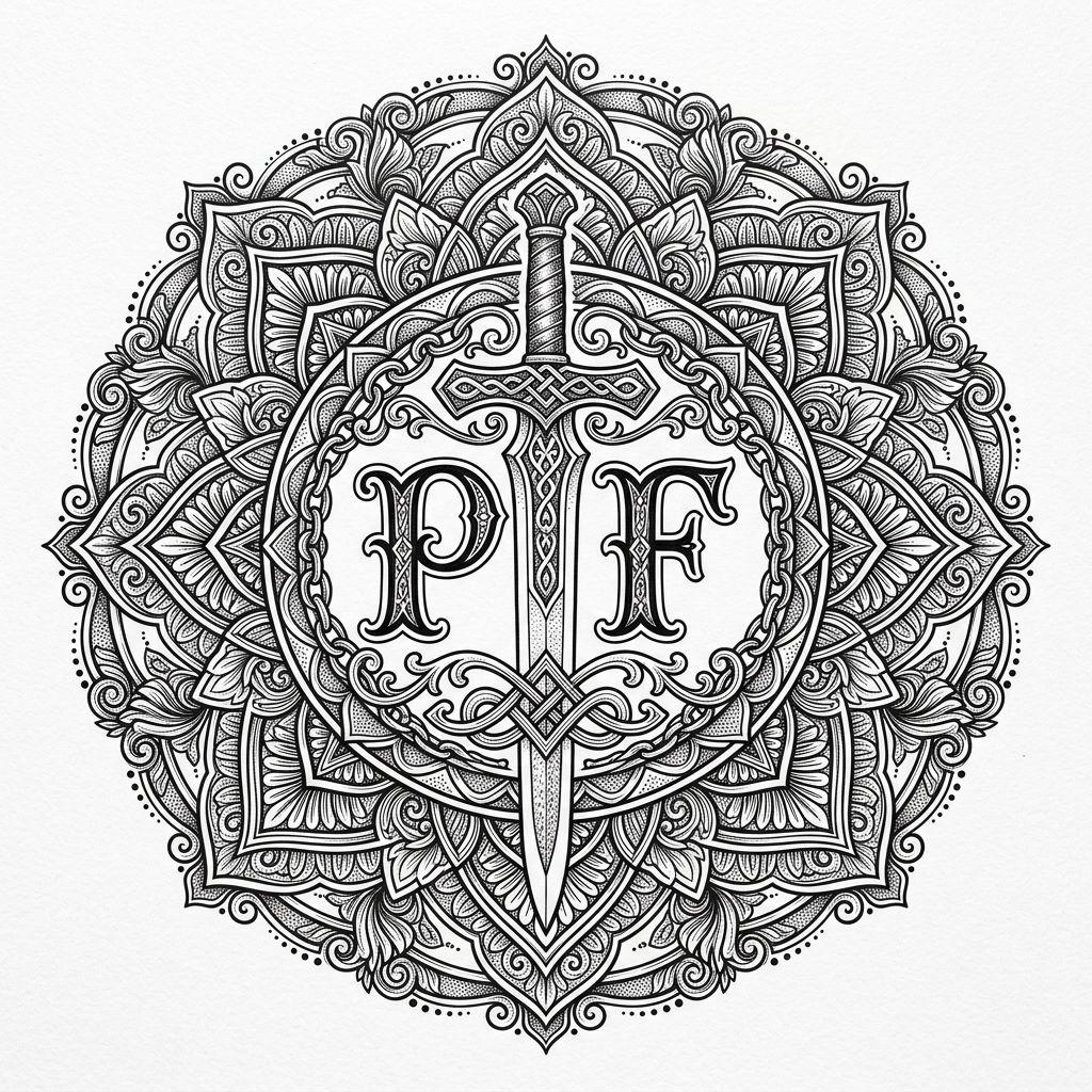 idée tatouage père et fils mandala p et f ornemental, design sur fond blanc