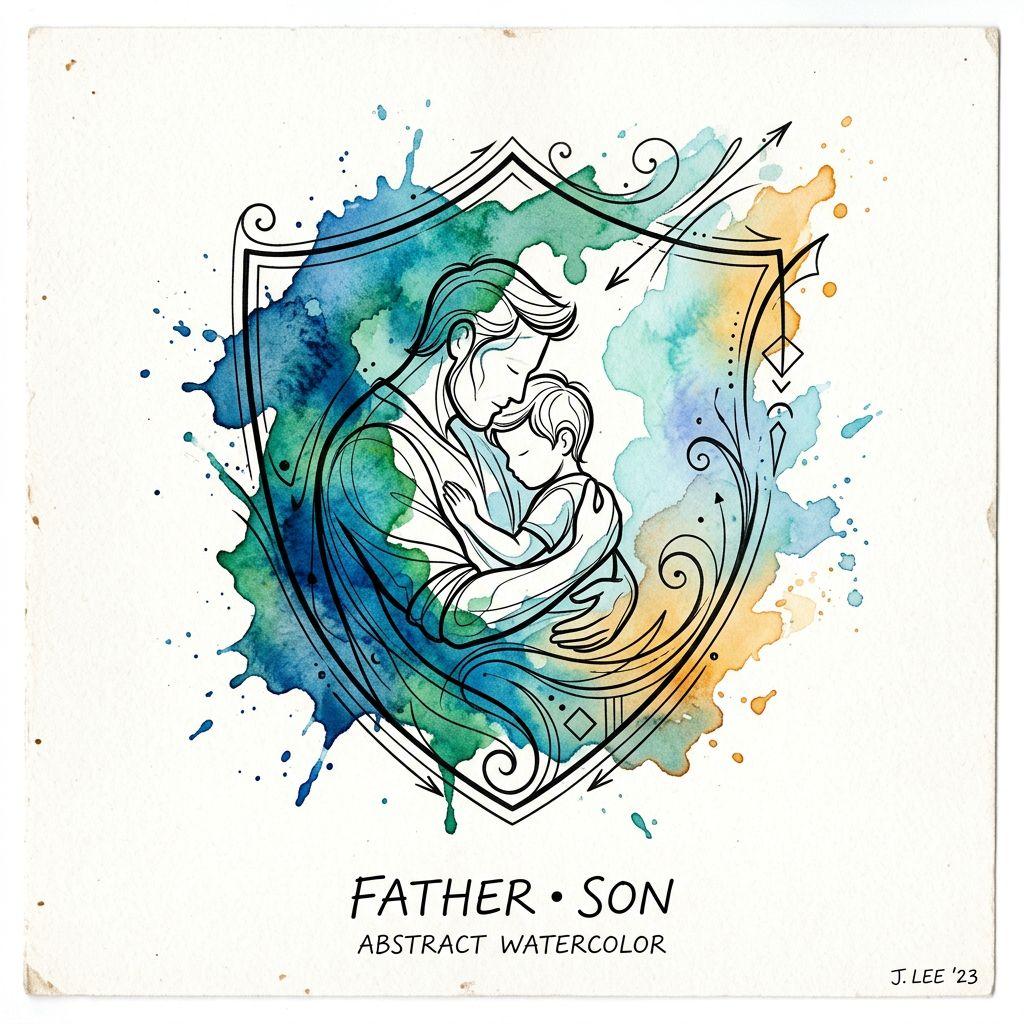 idée tatouage père et fils aquarelle père-fils, design sur fond blanc
