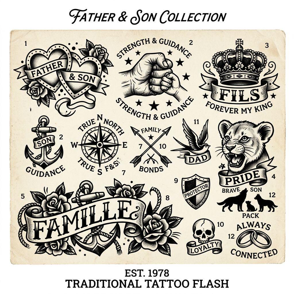 idée tatouage père et fils patchwork famille flash, design sur fond blanc