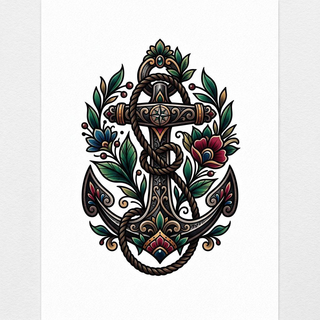 idée tatouage petit ancre néo-traditionnelle compacte, design sur fond blanc