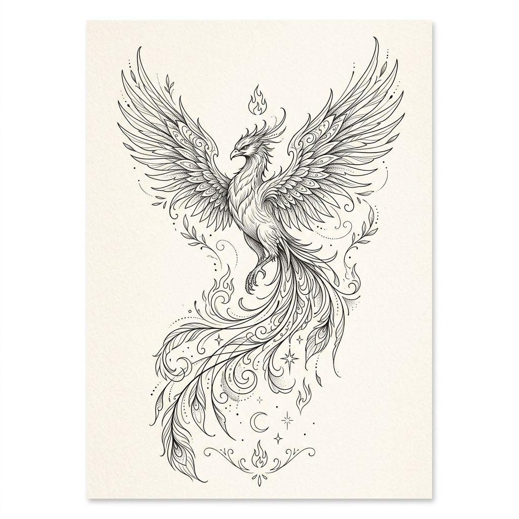 idée tatouage phoenix phenix fine line ascendant, design sur fond blanc