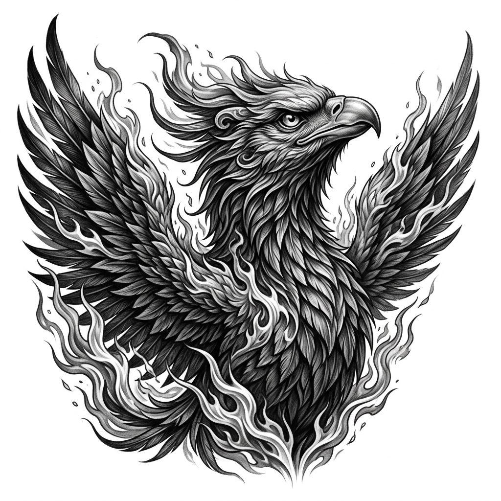 idée tatouage phoenix phenix réaliste flammes, design sur fond blanc