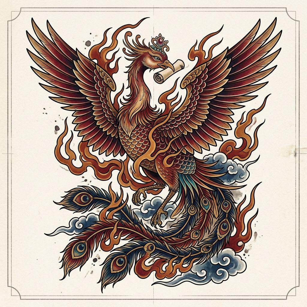 idée tatouage phoenix phenix japonais irezumi, design sur fond blanc