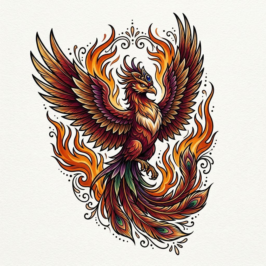 idée tatouage phoenix phenix néo-traditionnel flammes, design sur fond blanc