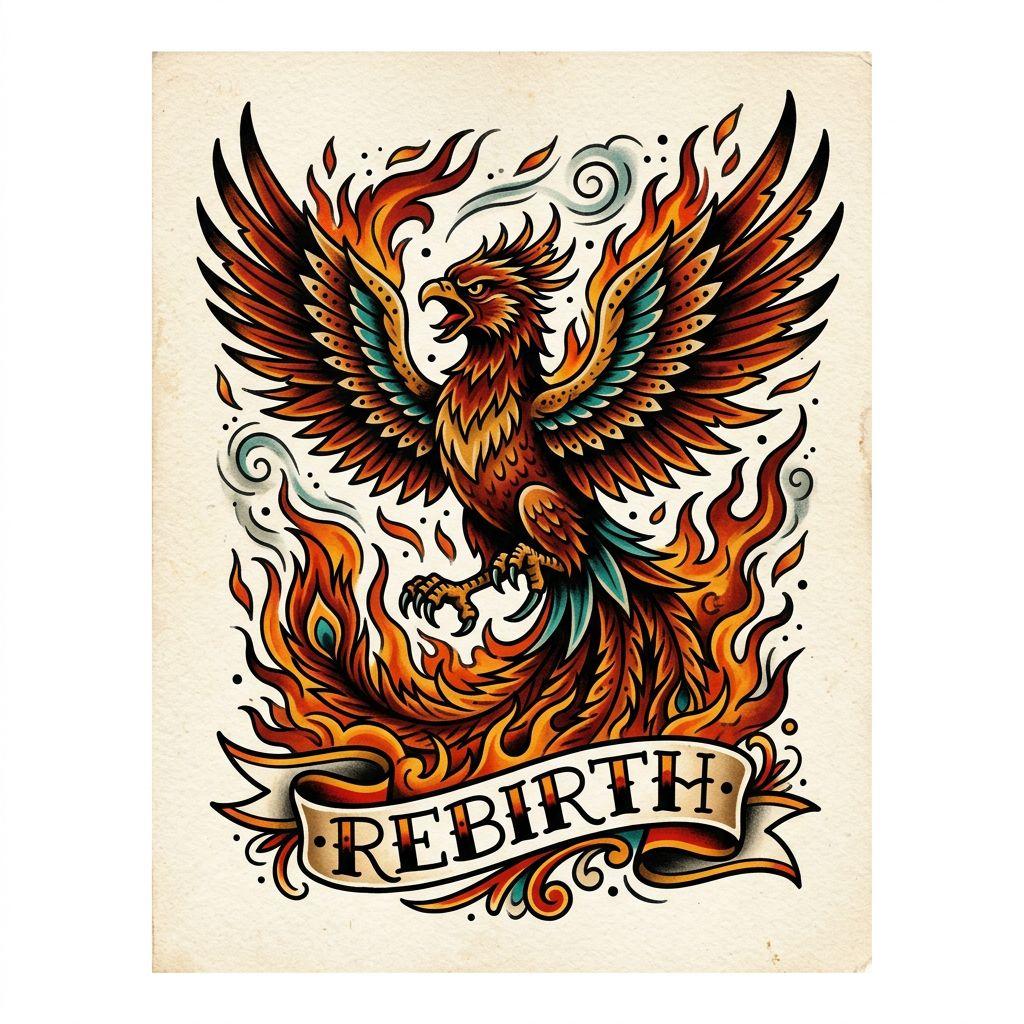 idée tatouage phoenix phenix old school flamboyant, design sur fond blanc