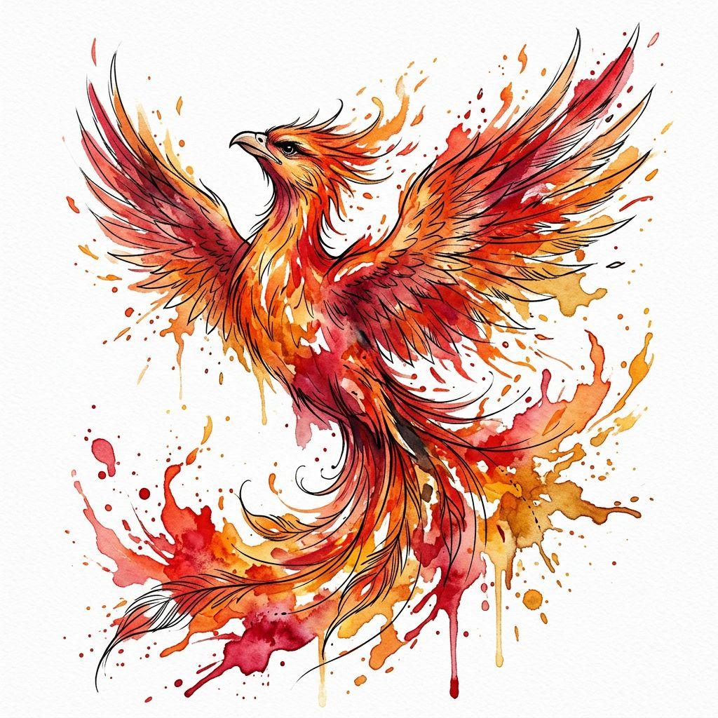 idée tatouage phoenix phenix aquarelle renaissance, design sur fond blanc