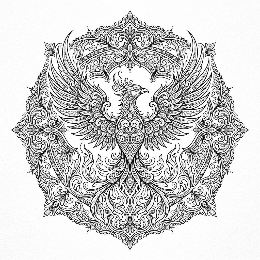 idée tatouage phoenix mandala phenix ornemental, design sur fond blanc