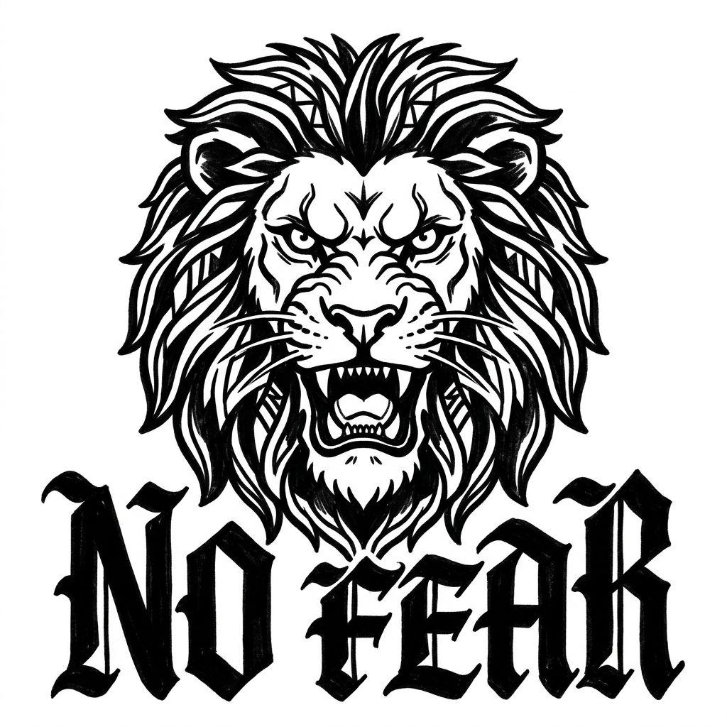 idée tatouage phrase phrase et lion, design sur fond blanc
