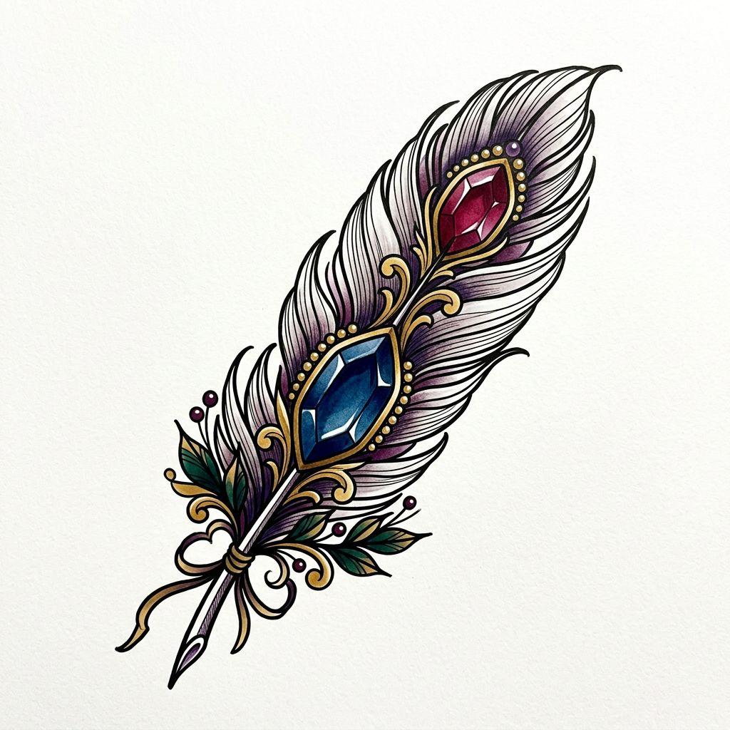 idée tatouage plume plume néo-traditionnel colorée, design sur fond blanc