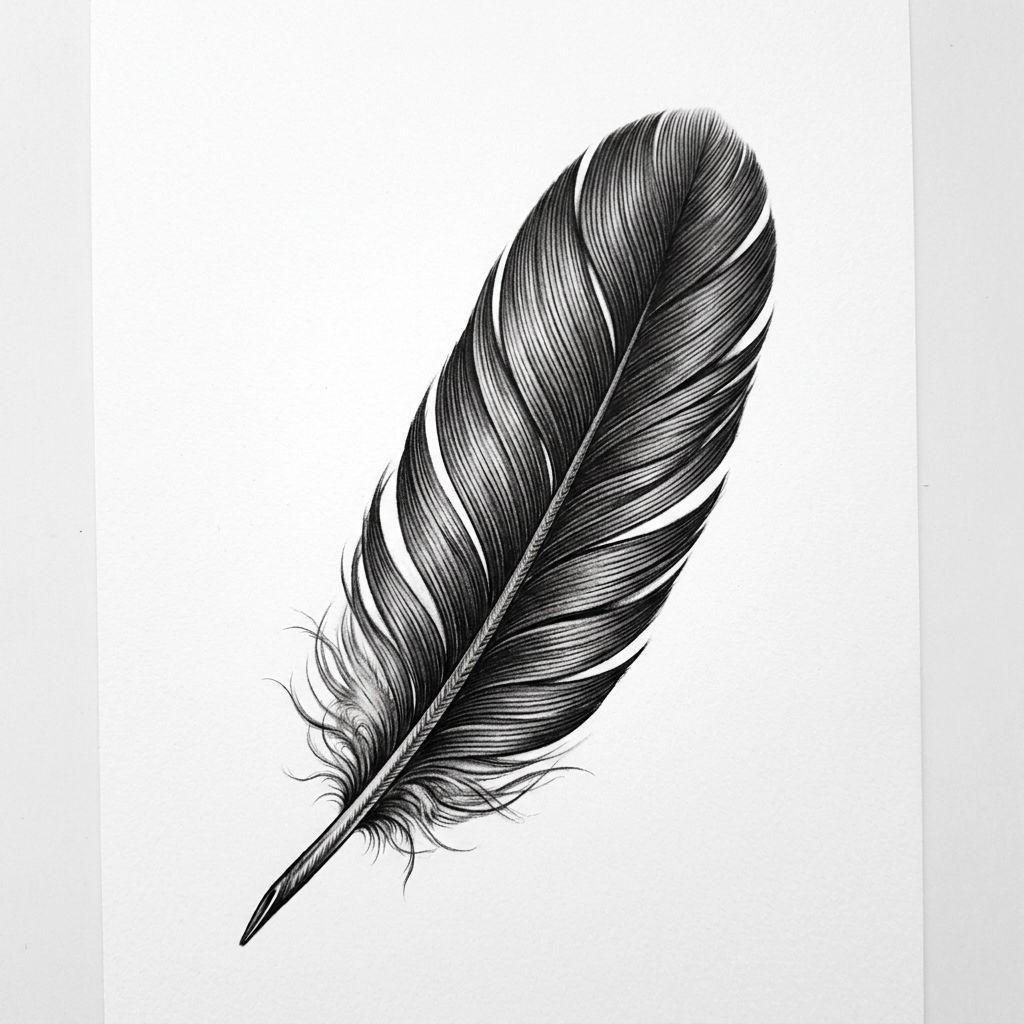 idée tatouage plume plume réaliste detaillee, design sur fond blanc