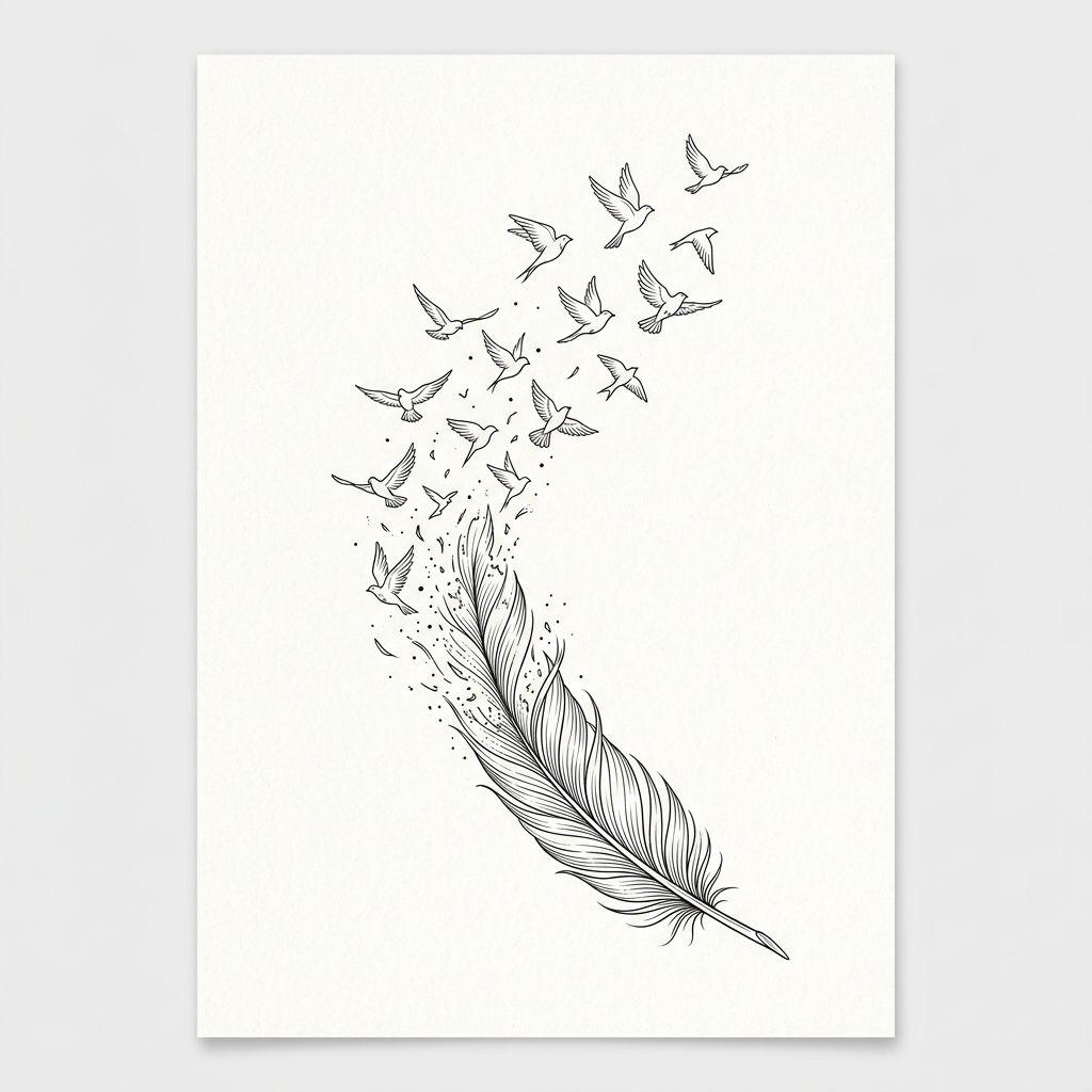 idée tatouage plume plume oiseaux envol, design sur fond blanc