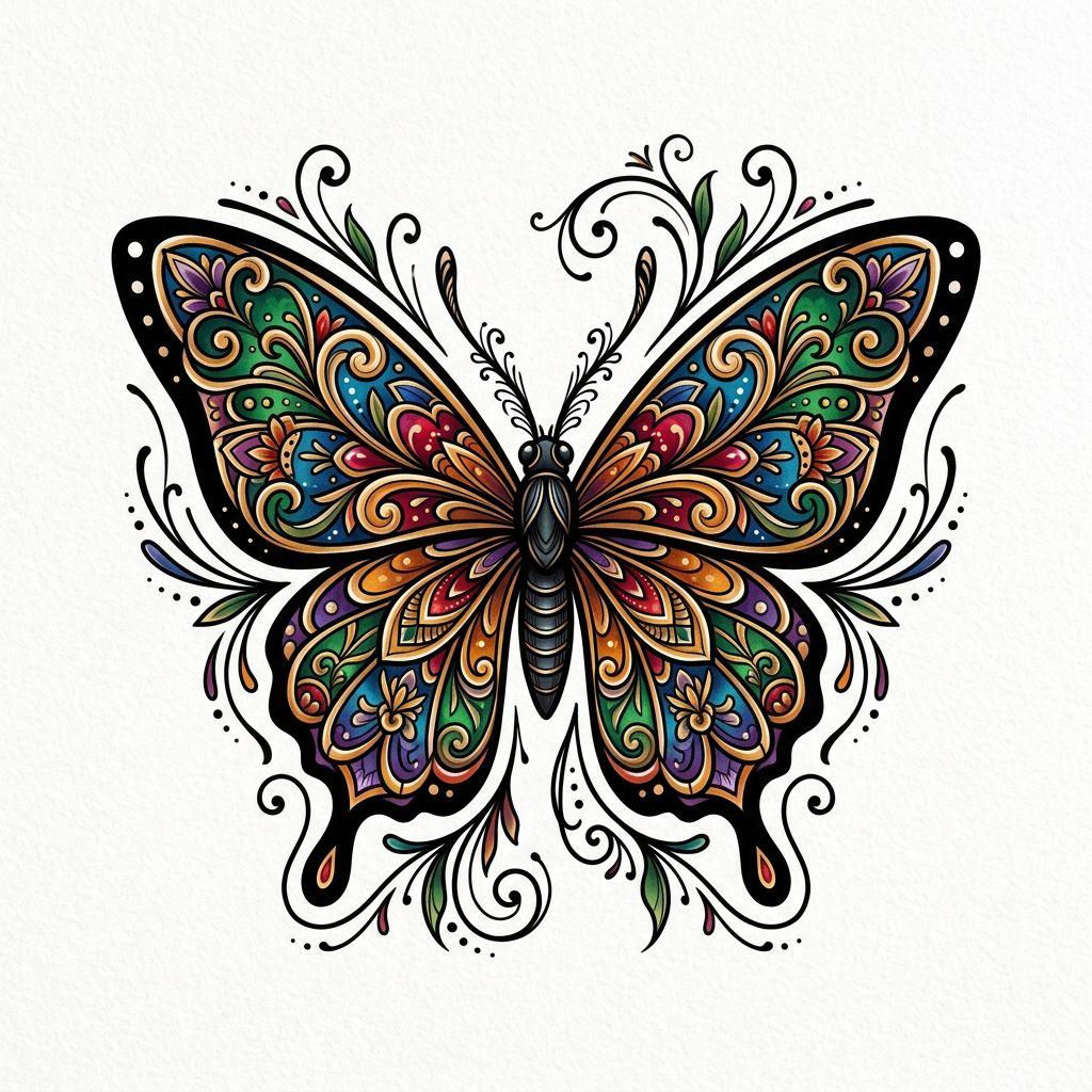 idée tatouage poignet papillon néo-traditionnel, design sur fond blanc
